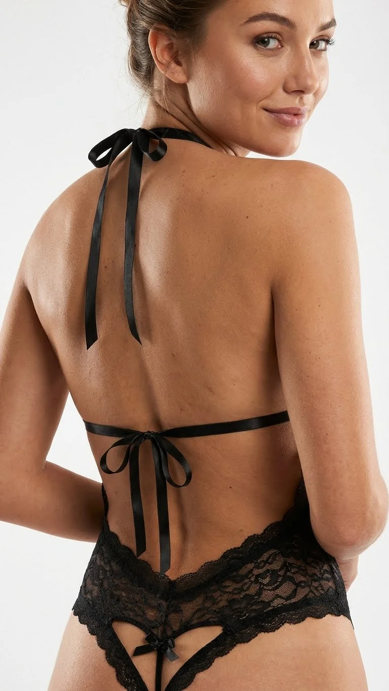 LunaIntim Kirpik Dantel Detaylı Şeffaf Babydoll Romantik Tül Gecelik Gece Siyahı - Arka Görünüm